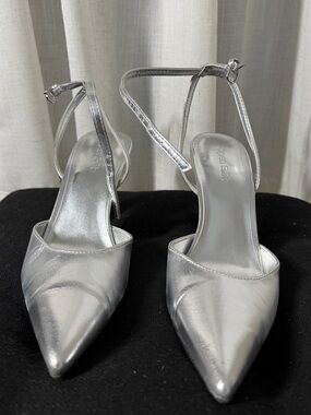 Open Edit Silver Pointed-Toe Ankle-Strap Heels